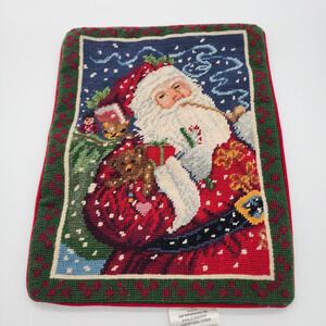 Vintage Needlepoint Christmas Pillow Cover Santa Holding Puppy Velvet Back 15x12